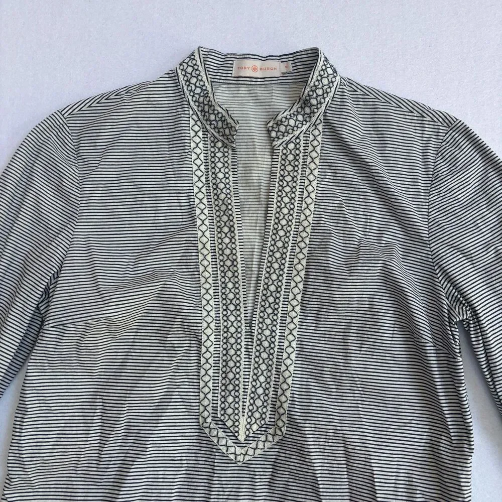 Tory Burch Striped Tunic Top Women's 10 Black White Embroidered V Neck Resort